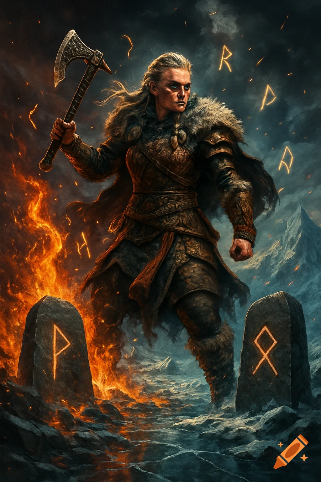 A powerful female Viking warrior stands dramatically amidst fire and ice, holding an axe, surrounded by glowing runes in a fantasy poster style.