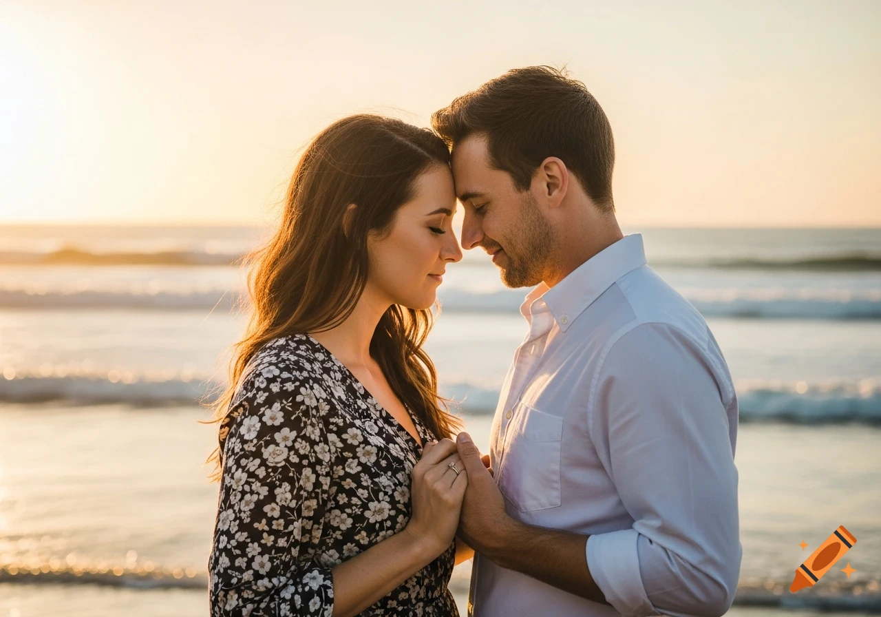 Photorealistic portrait of a couple holding hands on a beach at sunset, foreheads touching, eyes closed in intimacy.