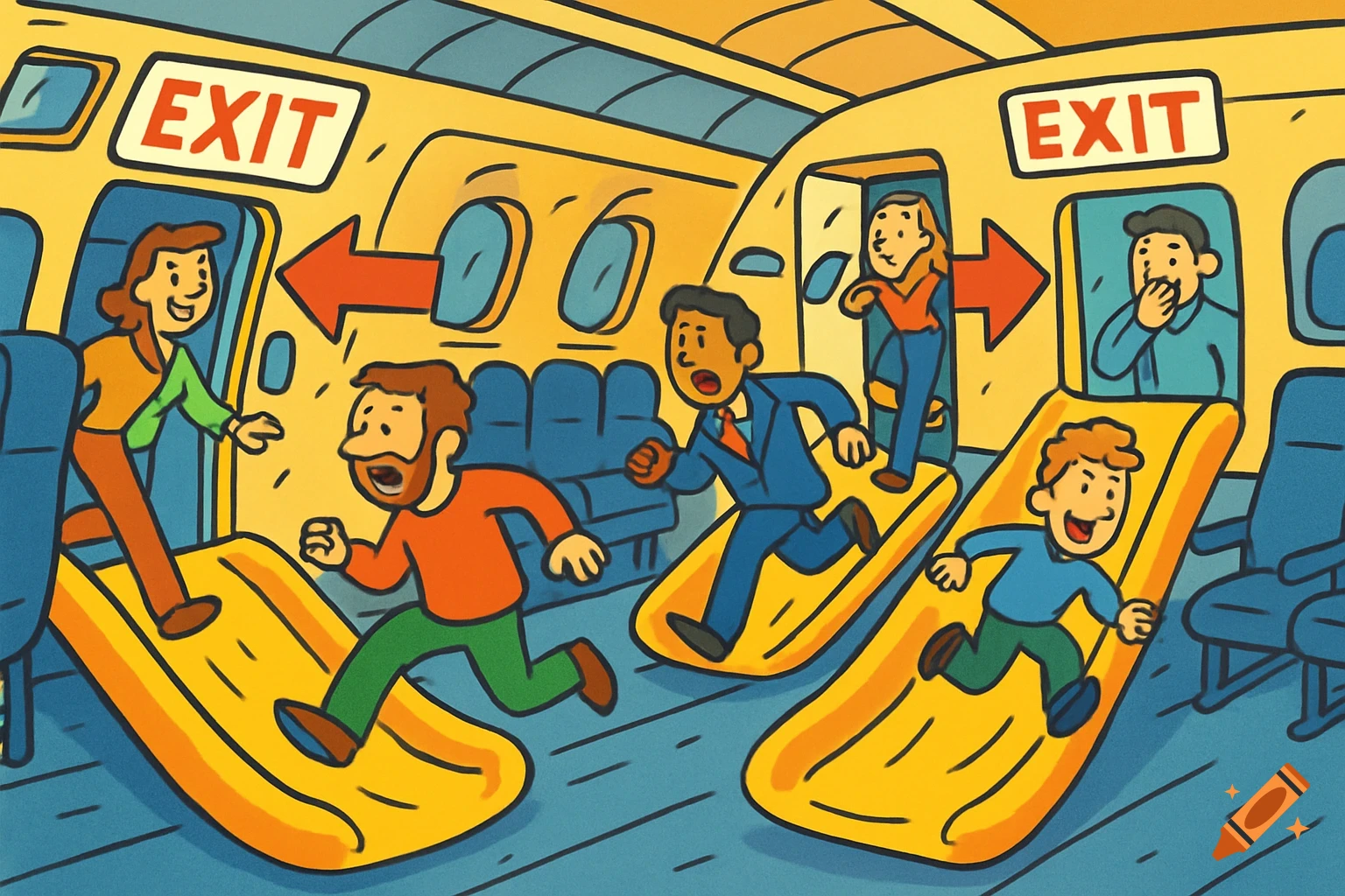 Cartoon illustration of diverse people evacuating an airplane using emergency slides, with 'EXIT' signs visible.