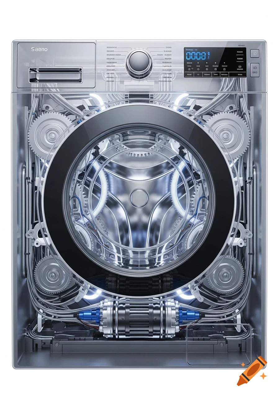 A highly detailed cutaway view of a washing machine revealing its complex internal gears, pipes, and electronic components, with blue glowing accents.