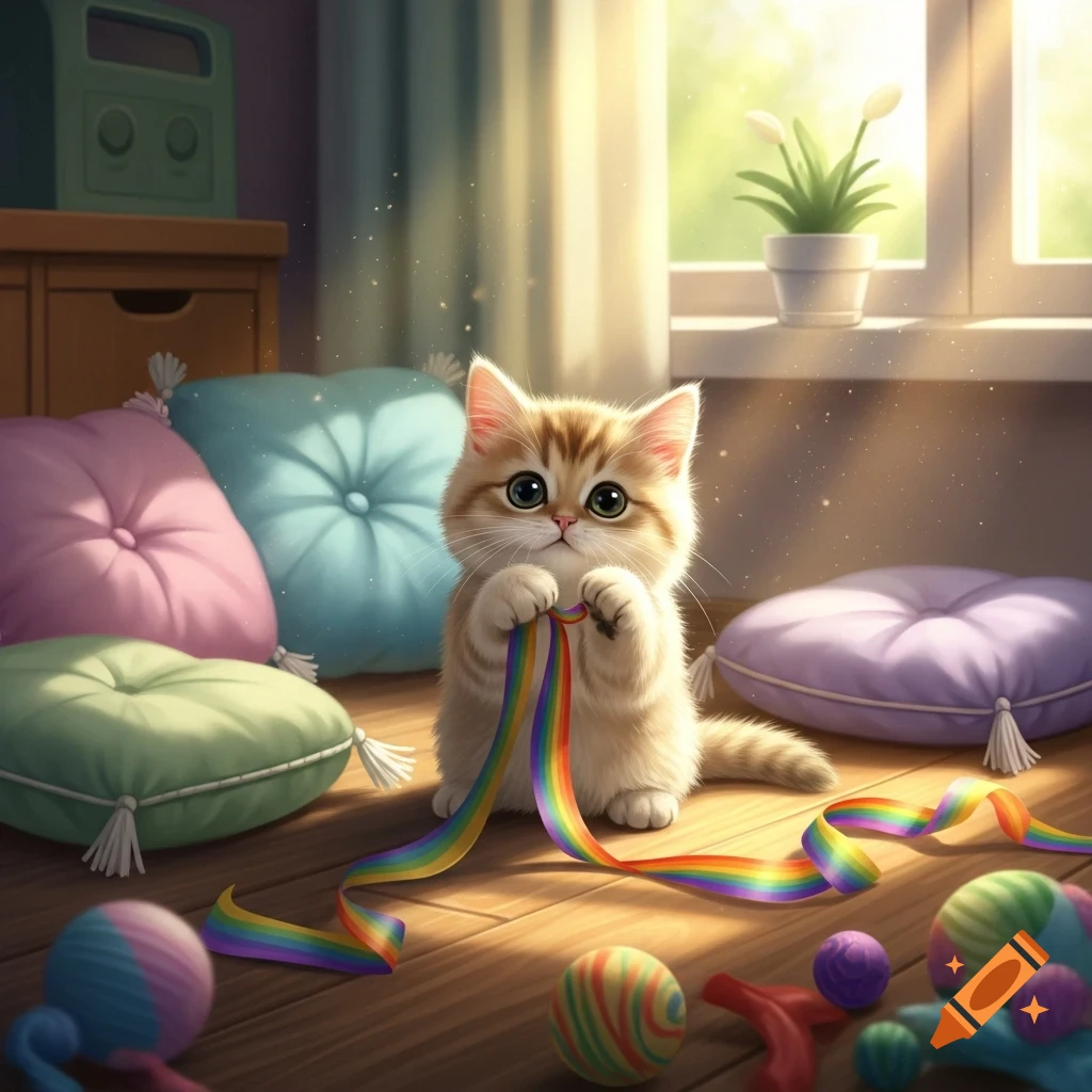 A fluffy, big-eyed kitten plays with a rainbow ribbon and toys on a sunlit wooden floor, surrounded by colorful pillows.