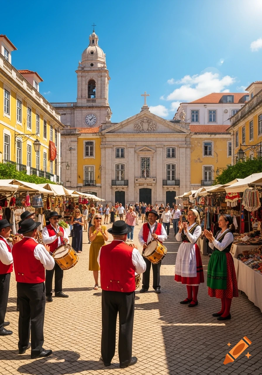 Traditional Portuguese musicians perform in a sunny Lisbon square with a church and market stalls.