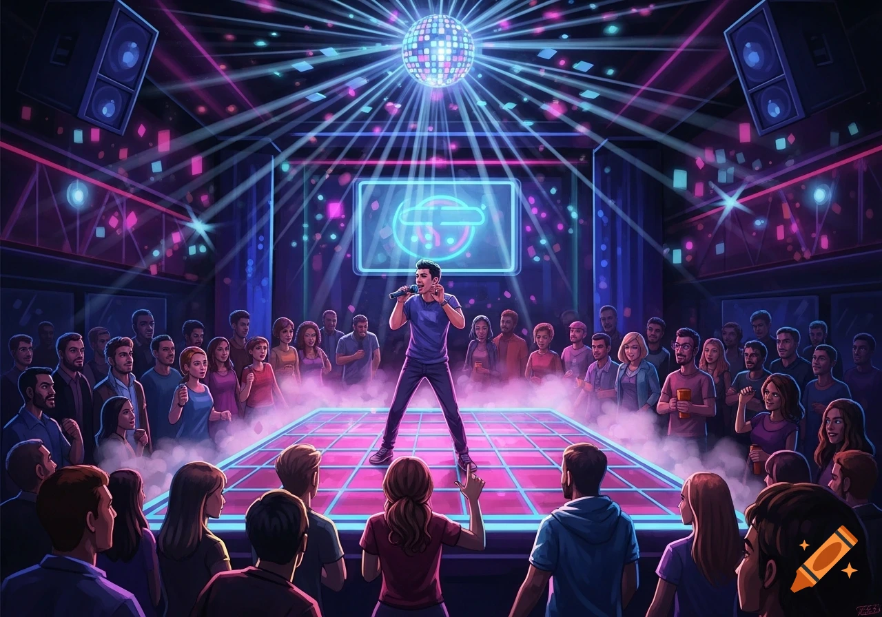 An illustrated scene of a man singing karaoke on a glowing stage in a crowded nightclub with disco lights.