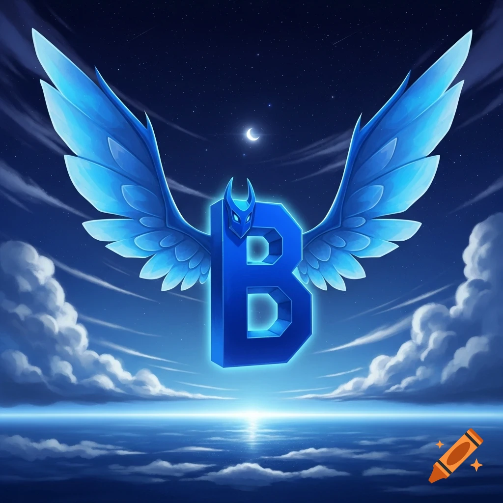 A glowing blue winged letter B with horns and eyes floats above a calm ocean under a starry night sky.