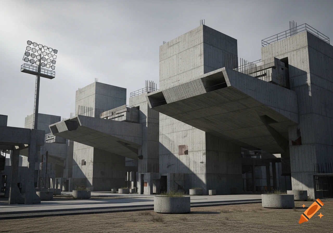 Large, imposing brutalist concrete buildings under construction with a tall floodlight tower and dry ground.