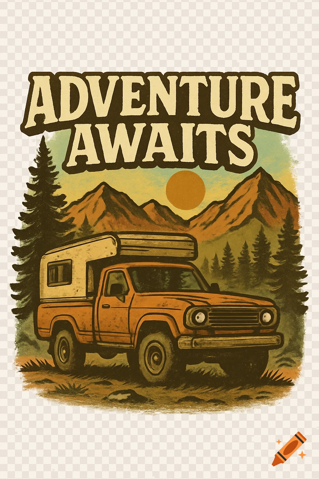 Vintage illustration of an orange camping truck in mountains with pine trees and a sunset, text 'ADVENTURE AWAITS'.