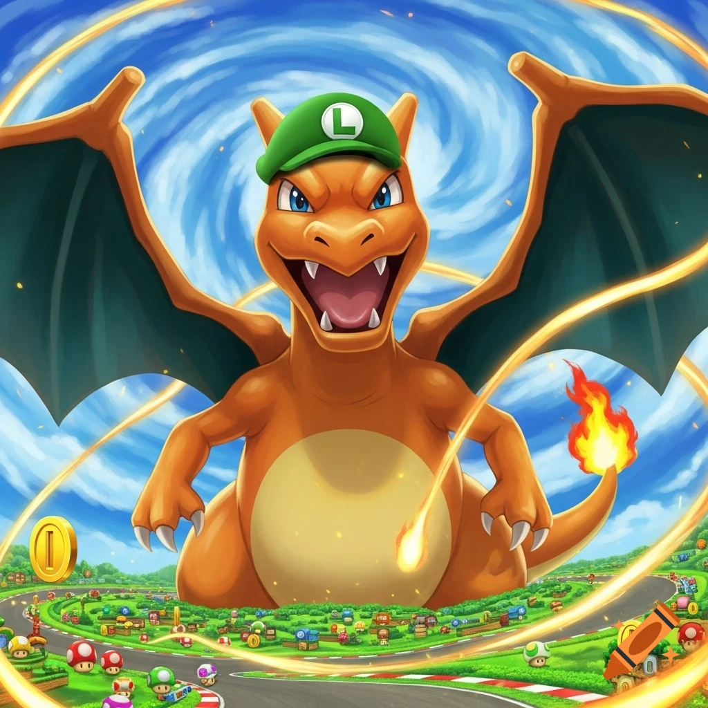 Charizard wearing Luigi's green hat, flying over a colorful Mario Kart race track with power-ups and coins.