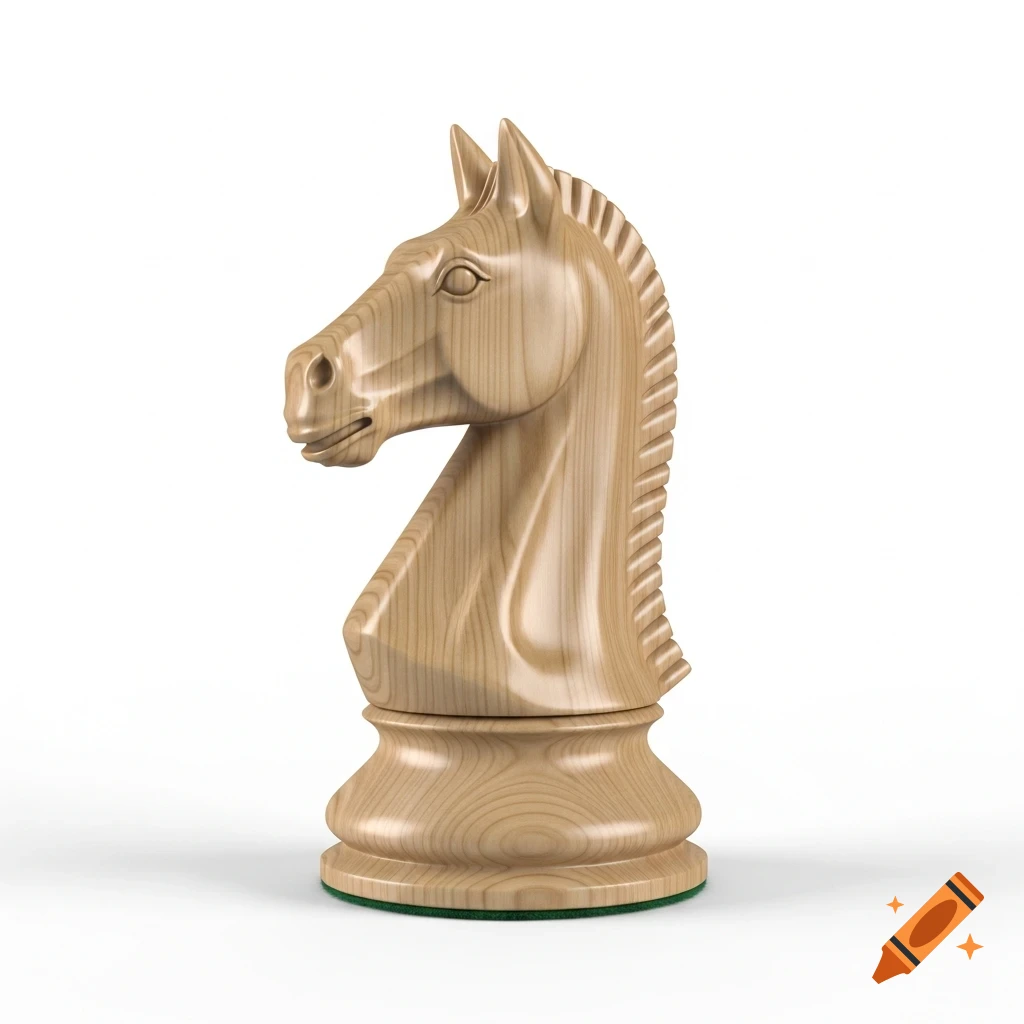 A hyperrealistic light wooden chess knight piece on a clean white background.