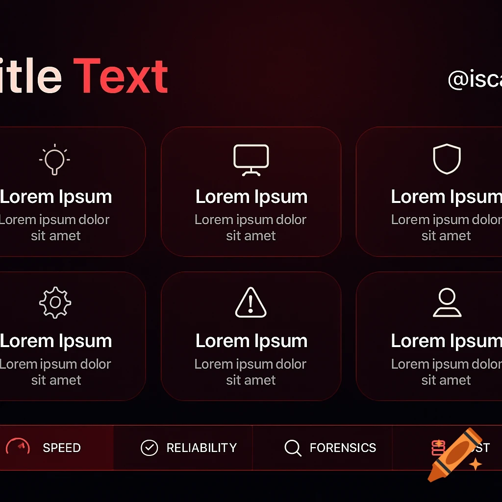 A dark red and black themed user interface with white text and icons. It features a title, six panels with placeholder text, and a footer bar with 'SPEED', 'RELIABILITY', 'FORENSICS', 'COST' options.