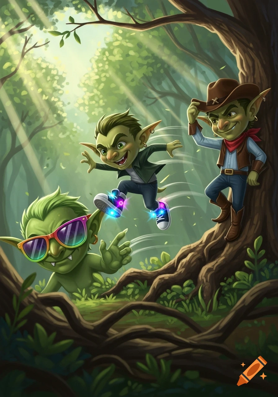 Three green goblins in a sunny forest: one in rainbow sunglasses, one jumping in glowing sneakers, and one in a cowboy hat by a tree.