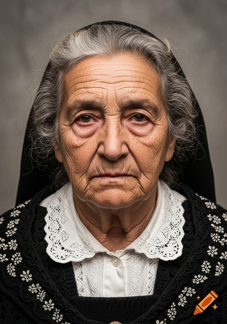 Photorealistic portrait of an elderly woman in traditional black and white clothing, looking slightly downwards with a serious expression.