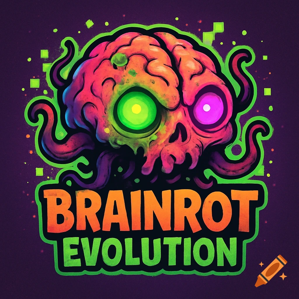 Cartoon logo for 'Brainrot Evolution' featuring a mutated brain with glowing green and purple eyes, surrounded by tentacles and pixel effects.