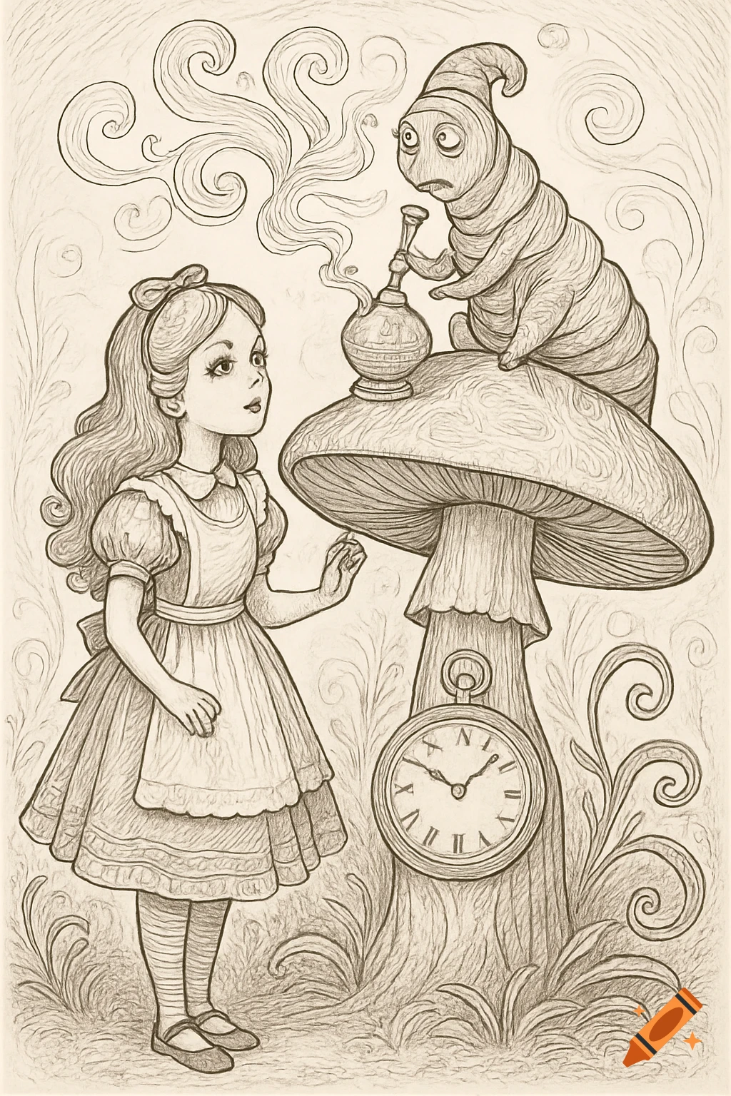 Detailed line art drawing of Alice in Wonderland beside a large mushroom with a caterpillar smoking a hookah on top, and a clock on the stem reading 4:20.