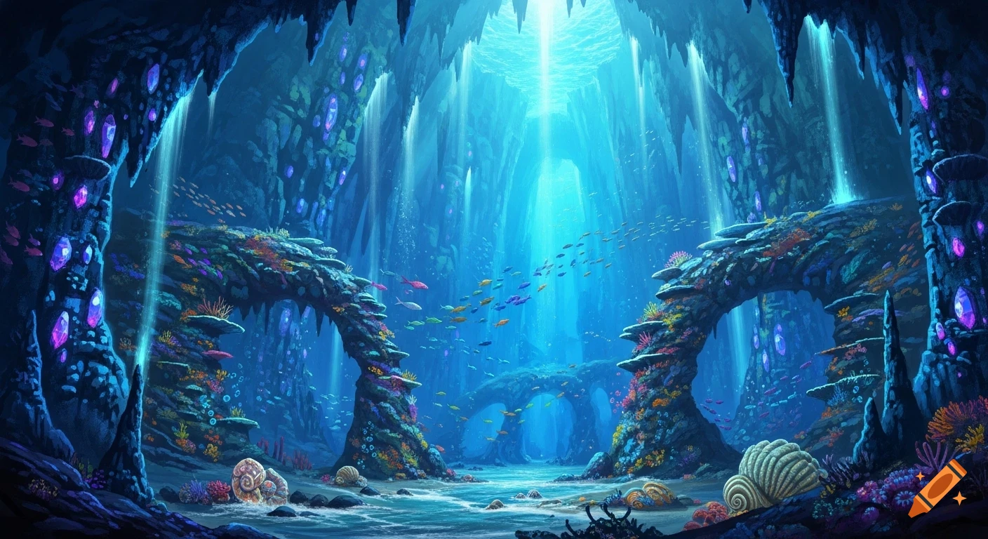 An expansive, luminous underwater cave filled with colorful coral, schools of fish, and glowing purple crystals.