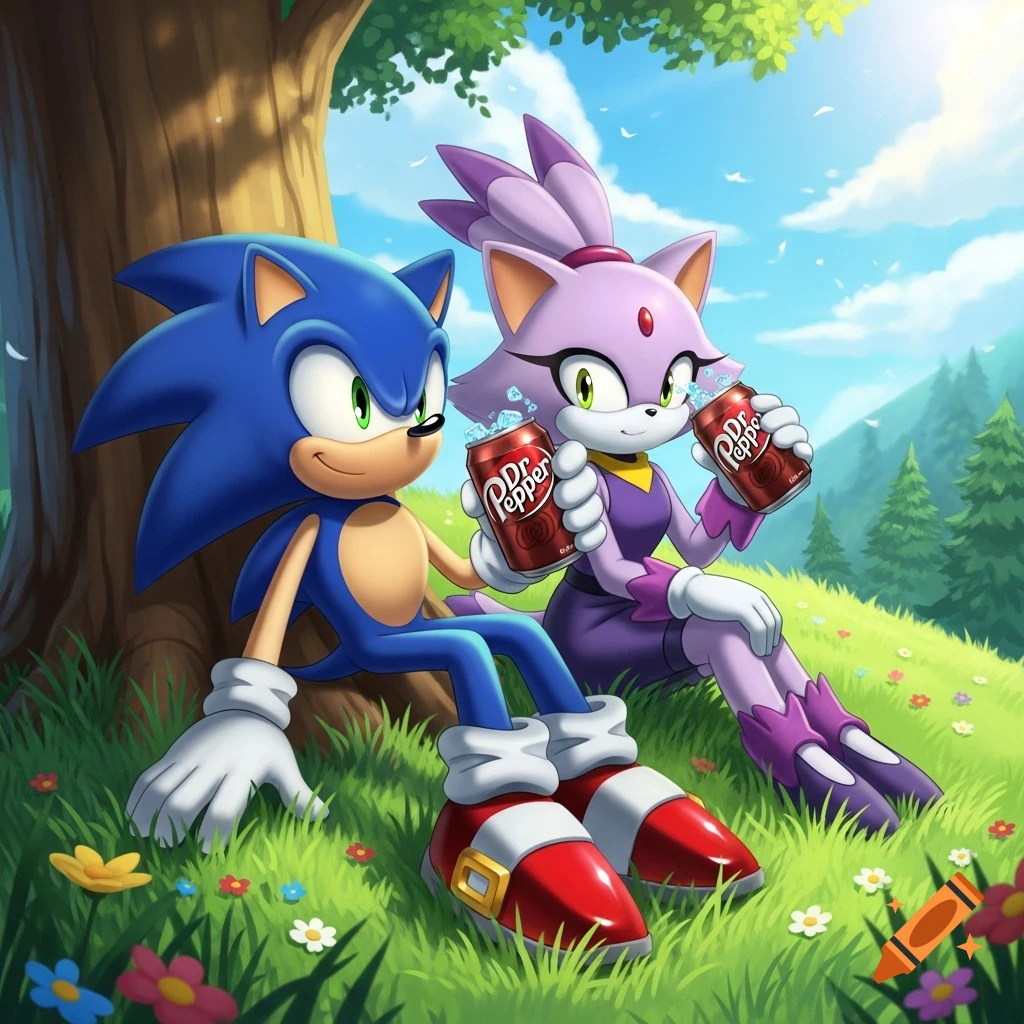 Sonic the Hedgehog and Blaze the Cat sit under a tree, drinking Dr Pepper.