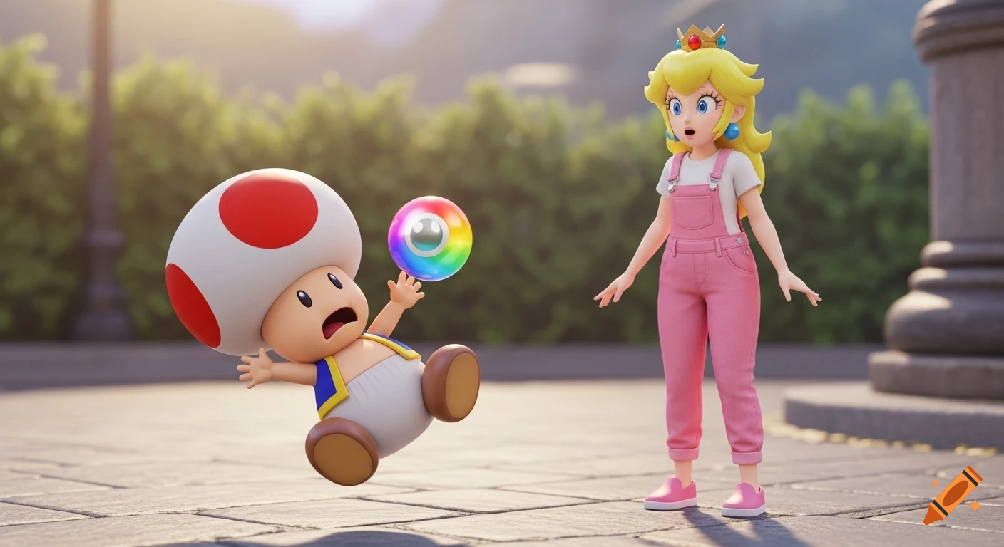 3D render of Toad falling on a sidewalk, dropping a rainbow pearl, while Princess Peach in pink overalls watches in surprise.