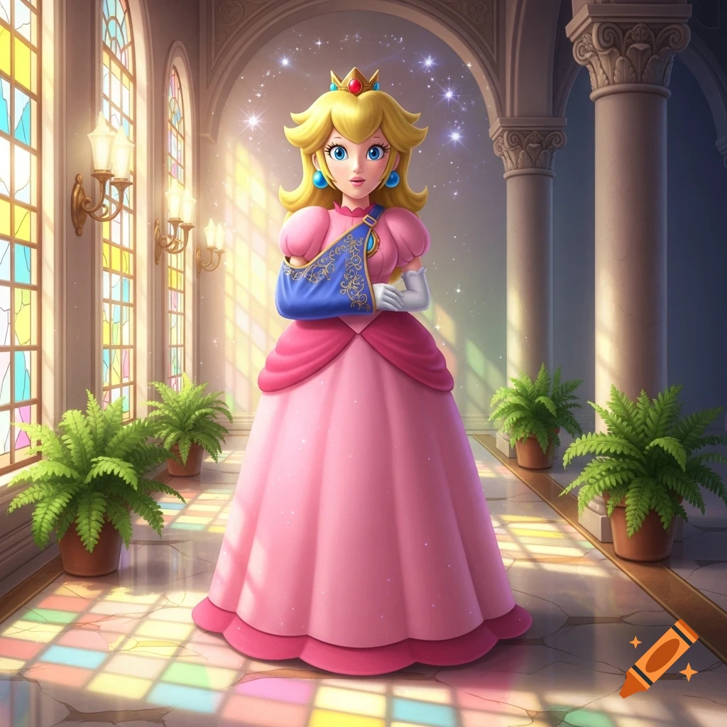 Princess Peach in a pink dress with her arm in a blue sling, standing in a vibrant hall with stained glass windows.
