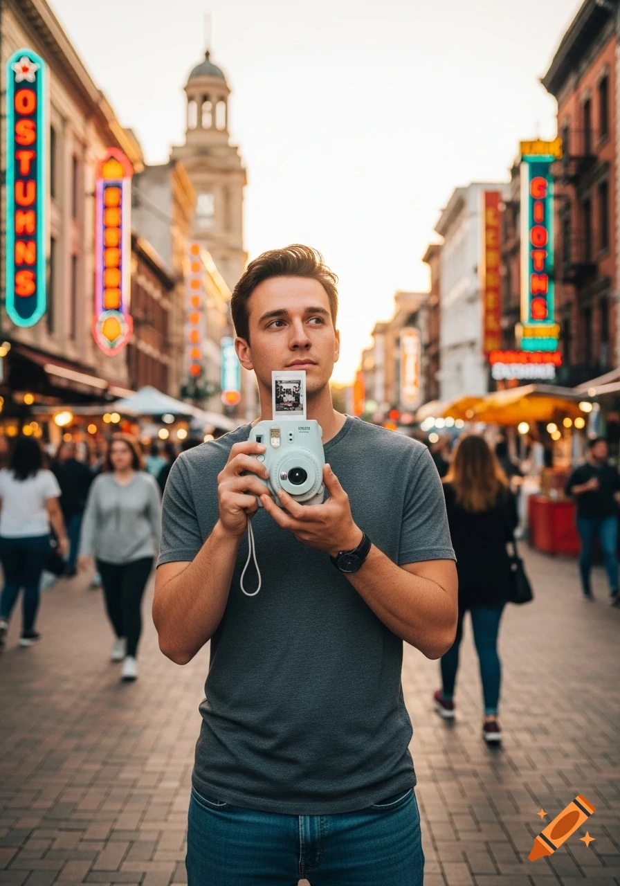 A young man holds an Instax Mini 8 camera, looking up on a busy city street with neon signs and blurred people at sunset.
