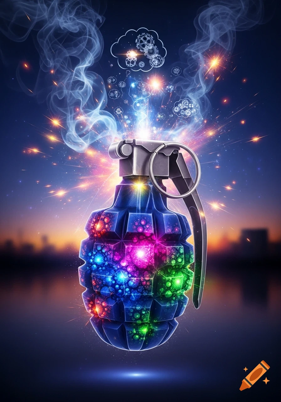 A vibrant, stylized grenade explodes with colorful energy, smoke, and gears against a blurred city skyline at dusk.