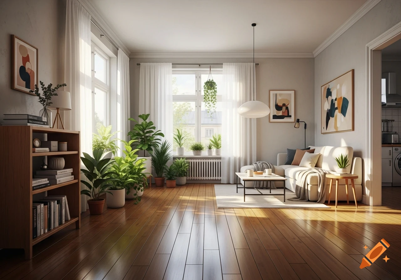 A bright, modern living room with a polished wooden floor, white sofa, abstract art, and numerous green potted plants.