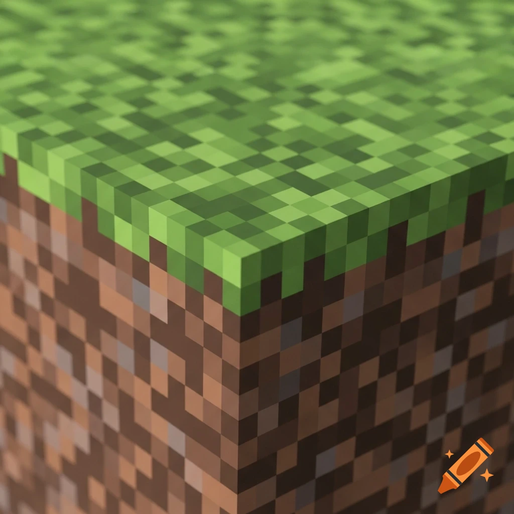 A close-up view of a Minecraft grass block, showing the green pixellated top surface and brown dirt sides.