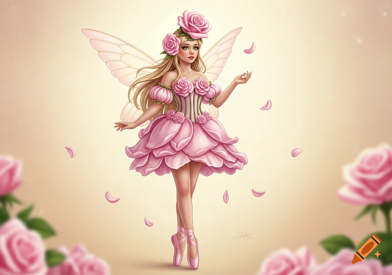 Ethereal rose petal fairy in a pink dress, with light wings and ballet slippers, surrounded by falling petals. Illustration style.