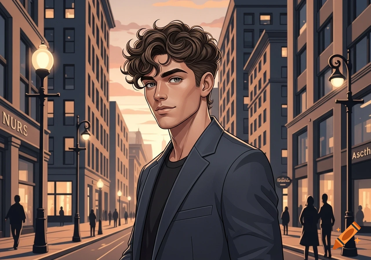 Anime style portrait of a young man with curly brown hair wearing a dark jacket, standing on a city street at sunset.