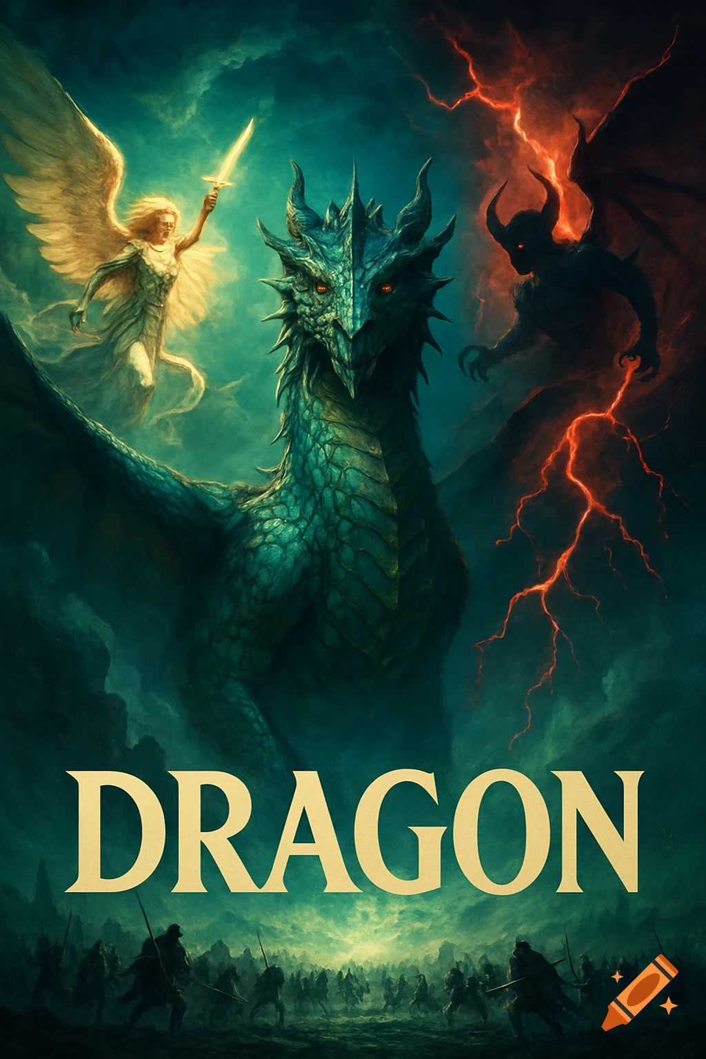 Fantasy movie poster with a green dragon between an angel and a demon, above battling armies, under a stormy sky.