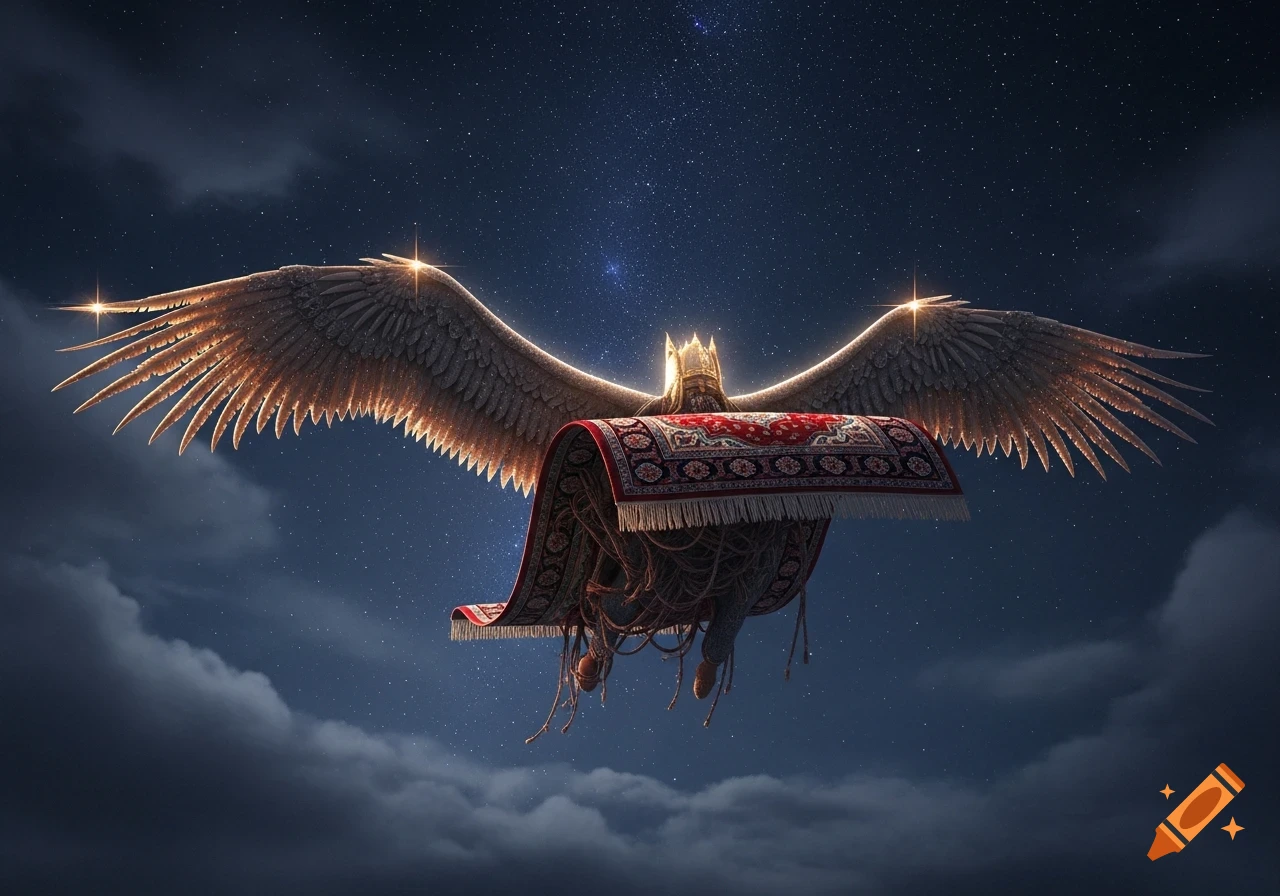 A majestic flying Ottoman carpet with large wings and a crown, glowing in a starry night sky with soft clouds.