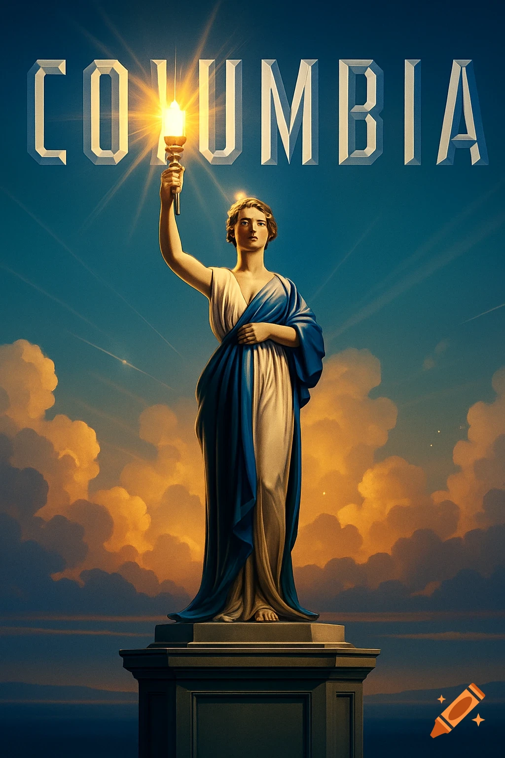 Stylized Columbia Pictures logo with a robed woman holding a glowing torch, set against a bright blue sky with golden clouds.
