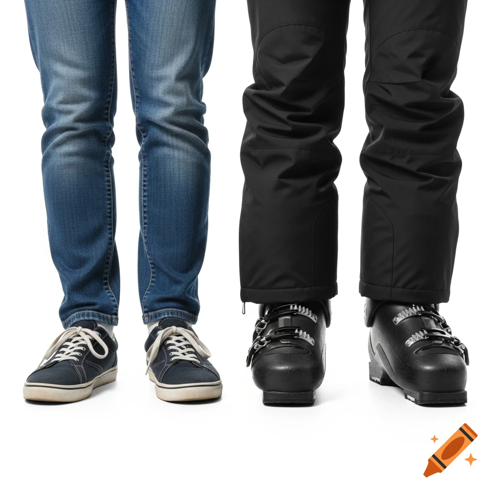 Two pairs of legs and feet. On the left, a person wears blue jeans and blue sneakers. On the right, a person wears black ski pants and black ski boots. Both are standing on a white background.