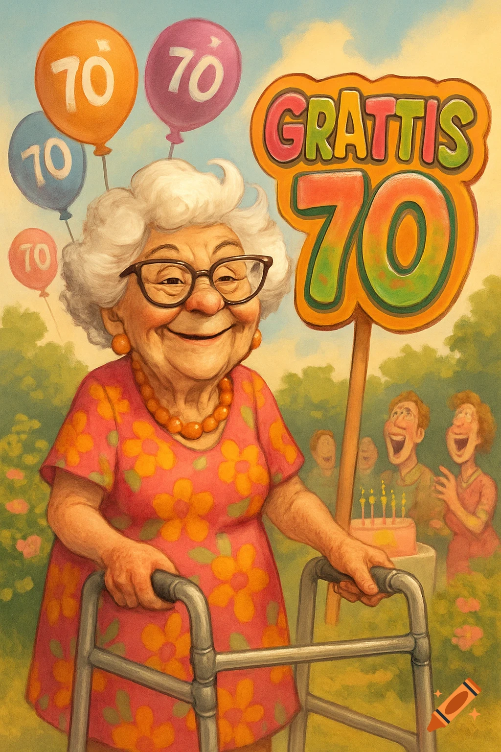 A smiling elderly woman with a walker celebrates her 70th birthday, surrounded by balloons and a 'GRATTIS 70' sign in a cartoon illustration.