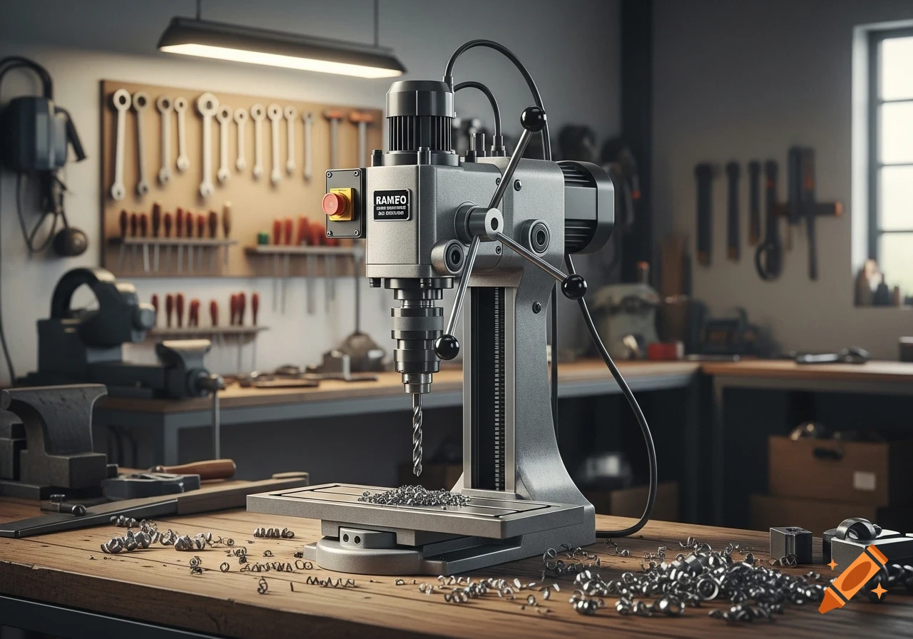 A photorealistic image of a drill press in operation, with metal shavings on a wooden workbench in a busy workshop.