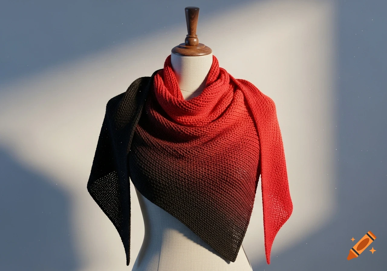 A black and red ombre knitted triangle scarf draped on a mannequin.