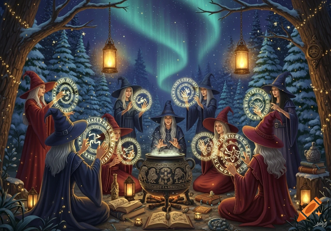 Witches perform a ritual around a cauldron in a snowy, lantern-lit forest under the northern lights, holding glowing magical symbols.