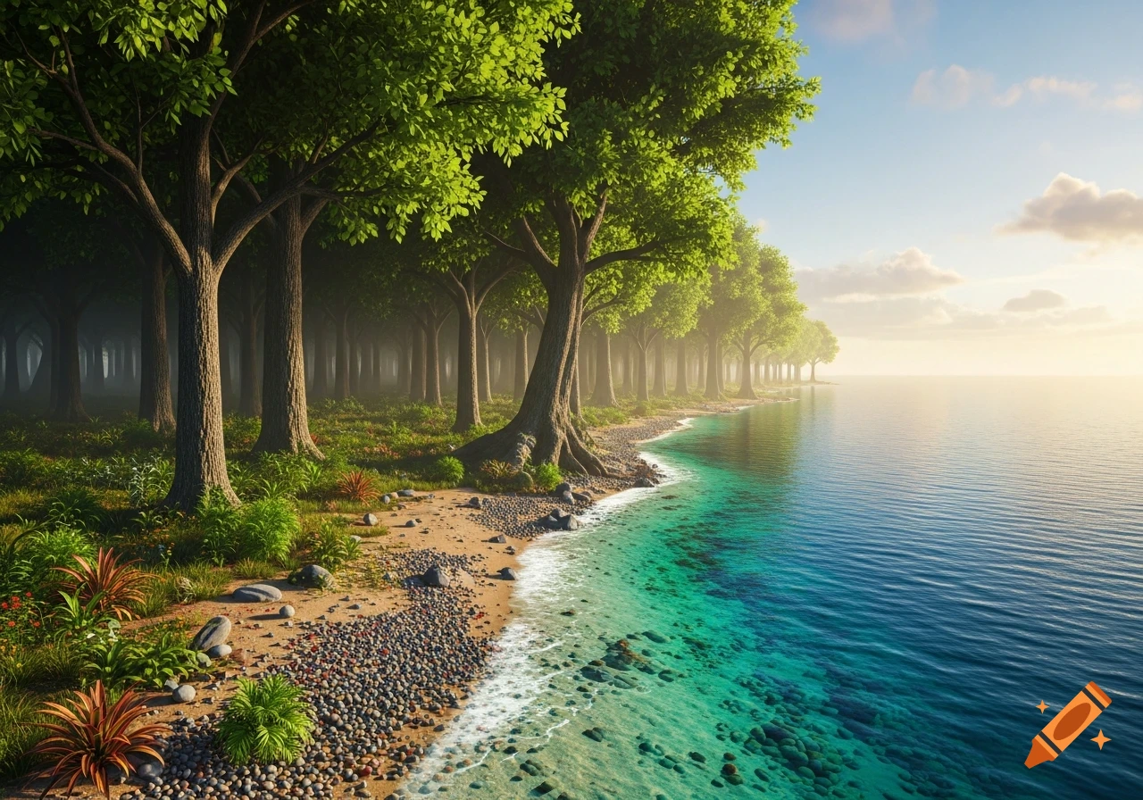 Photorealistic image of a lush green forest meeting a rocky beach and clear turquoise sea under a bright, partly cloudy sky.