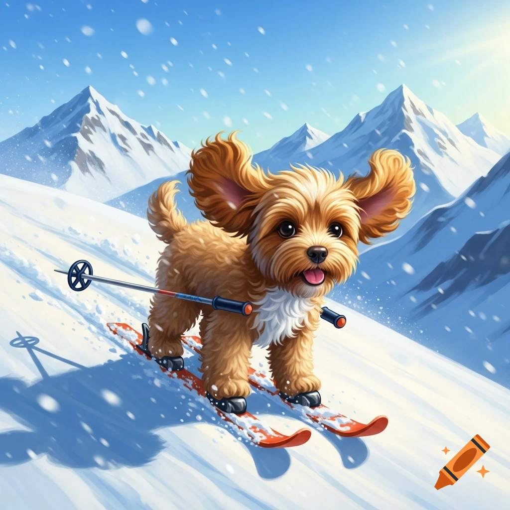 A cute, fluffy brown cartoon cockapoo dog happily skiing down a snowy mountain slope with ski poles under a bright blue sky.