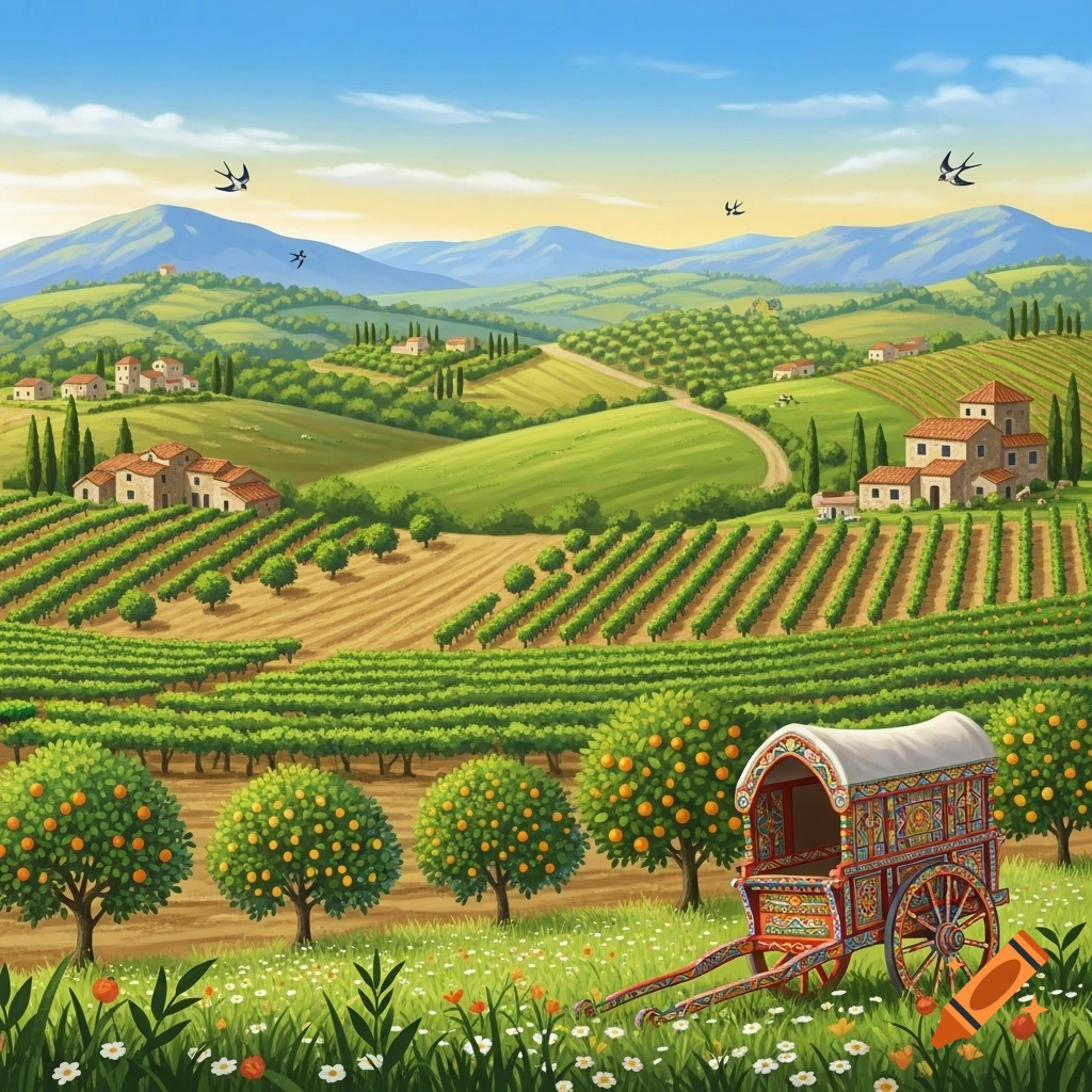 Vibrant illustration of a Sicilian countryside with rolling green hills, vineyards, orange groves, traditional houses, and a decorated cart.