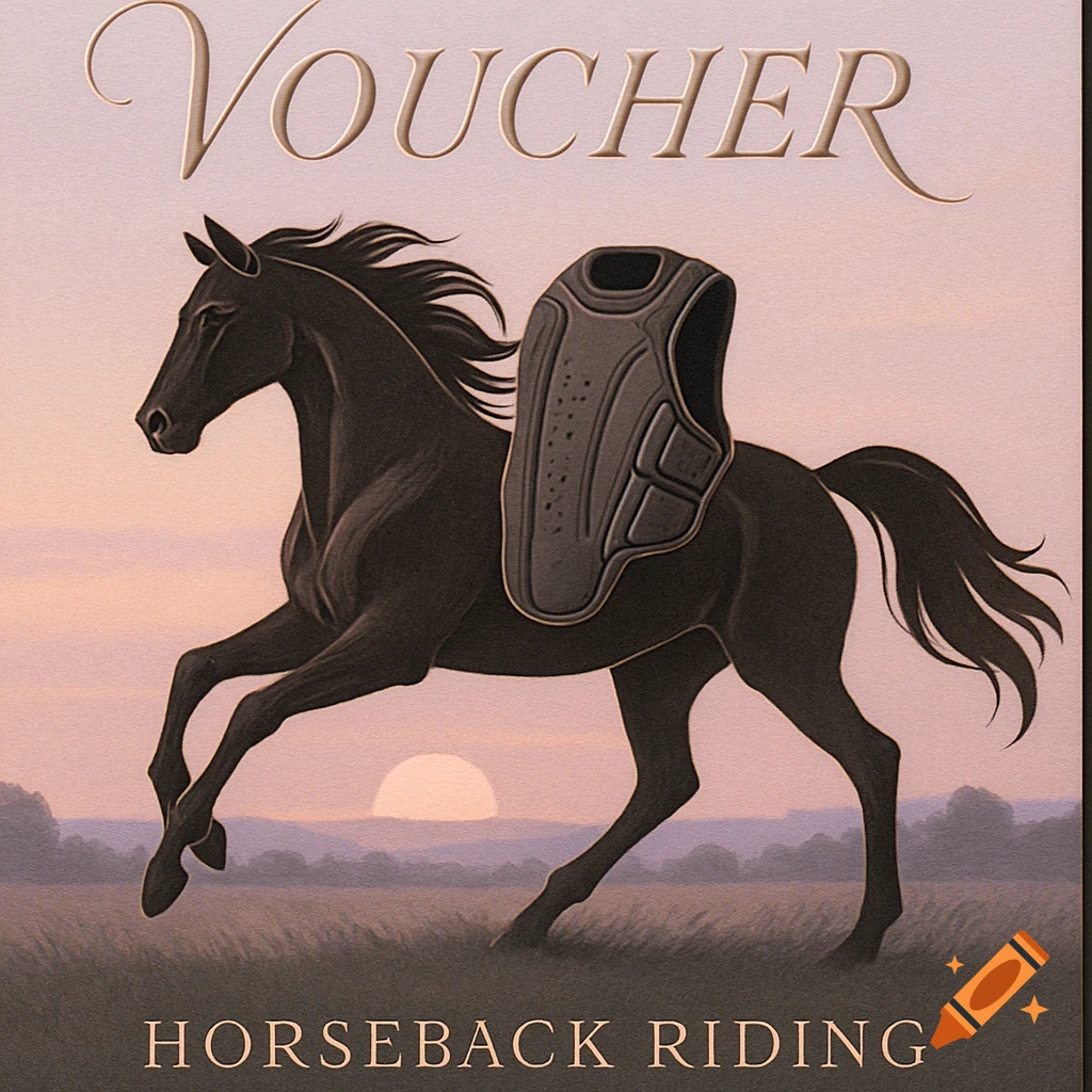 An illustration of a dark horse galloping with a back protector on its back, against a sunset landscape. Text reads 'VOUCHER' and 'HORSEBACK RIDING'.