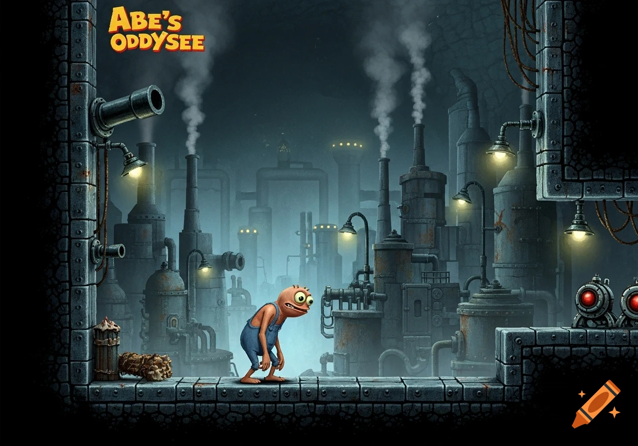 A cartoon alien-like character in blue overalls stands on a platform in a dark, grimy factory, with 'Abe's Oddysee' logo.