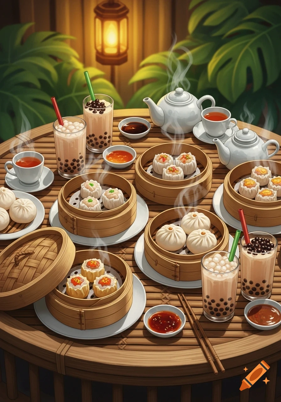 A vibrant cartoon illustration of a dim sum feast on a bamboo table, featuring steaming dumplings, buns, teacups, and boba drinks.