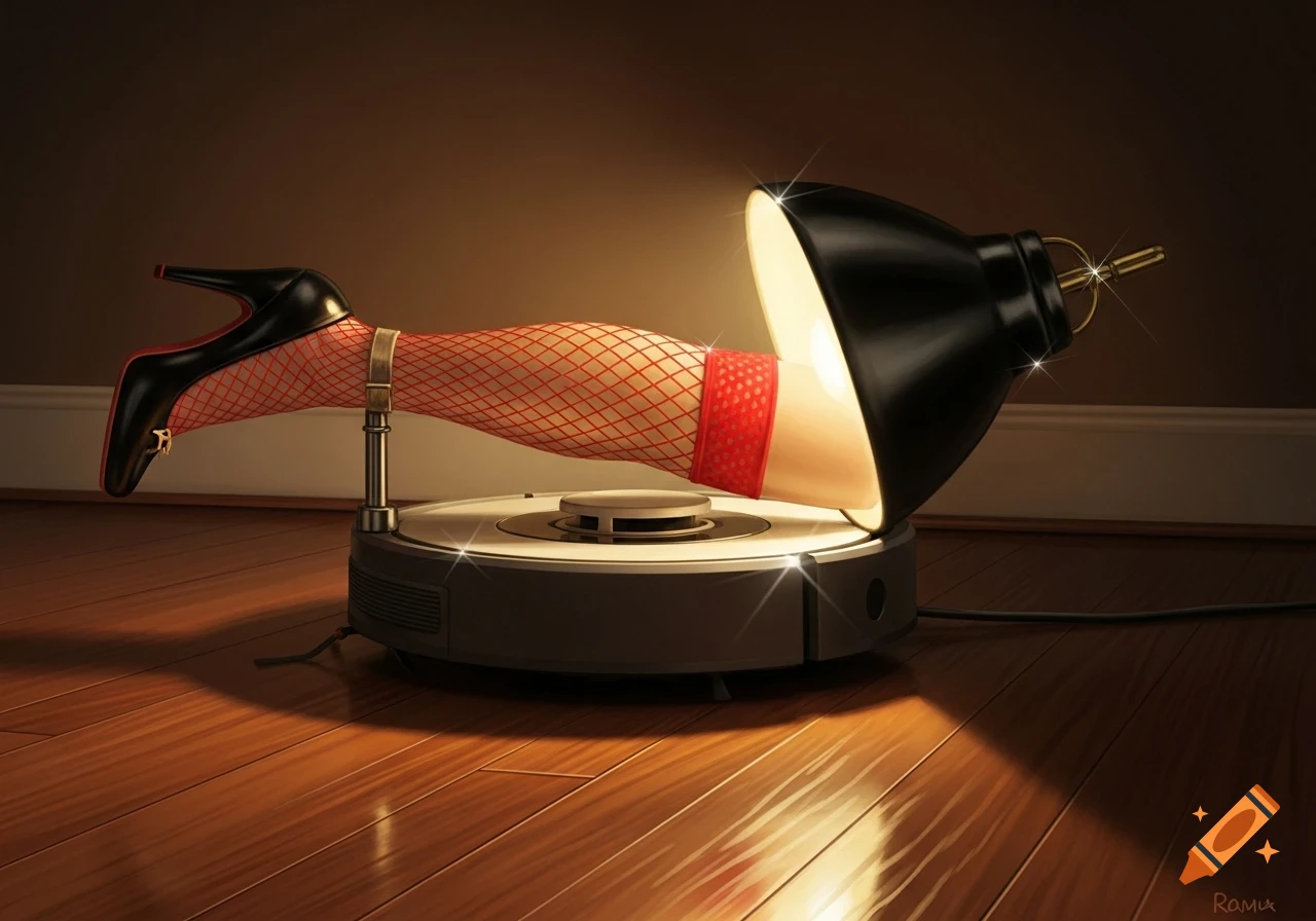 A stylized leg in fishnets and a black stiletto, reminiscent of the A Christmas Story lamp, mounted horizontally on a Roomba vacuum cleaner, casting light on a wooden floor.
