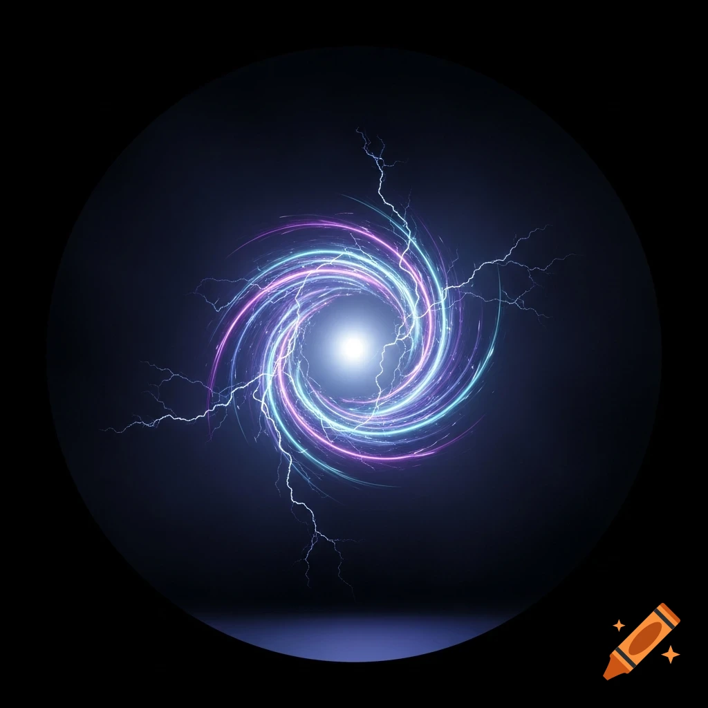 Abstract swirling vortex of icy blue and violet neon energy with electric sparks against a dark background, glowing core effect.