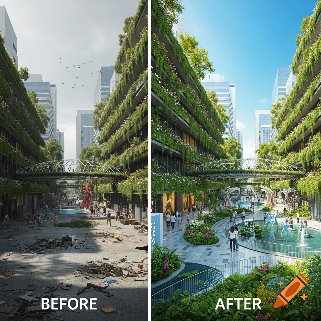 Split image of an urban area before and after greening, transforming a rubble-filled wasteland into a lush city park with plant-covered buildings.