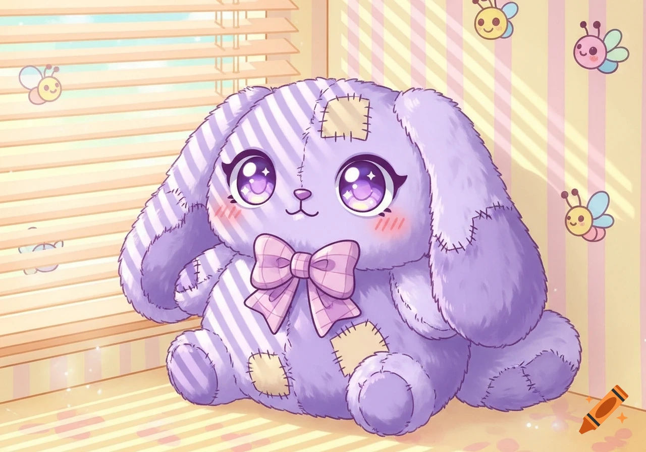 A cute purple patched bunny plushie with large sparkly eyes and a pink bow sits by window blinds with floating bees, in a kawaii anime style.