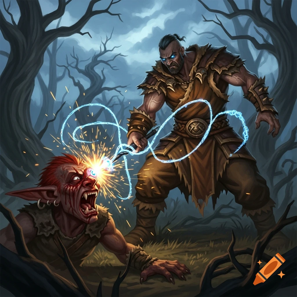 A barbarian attacks a screaming red goblin's eye with a glowing magic wand in a dark fantasy forest illustration.