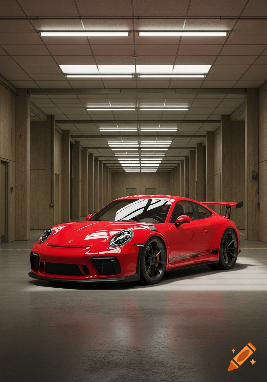 A photorealistic red Porsche GT3 RS with a large rear wing parked in a long, brightly lit concrete hallway.