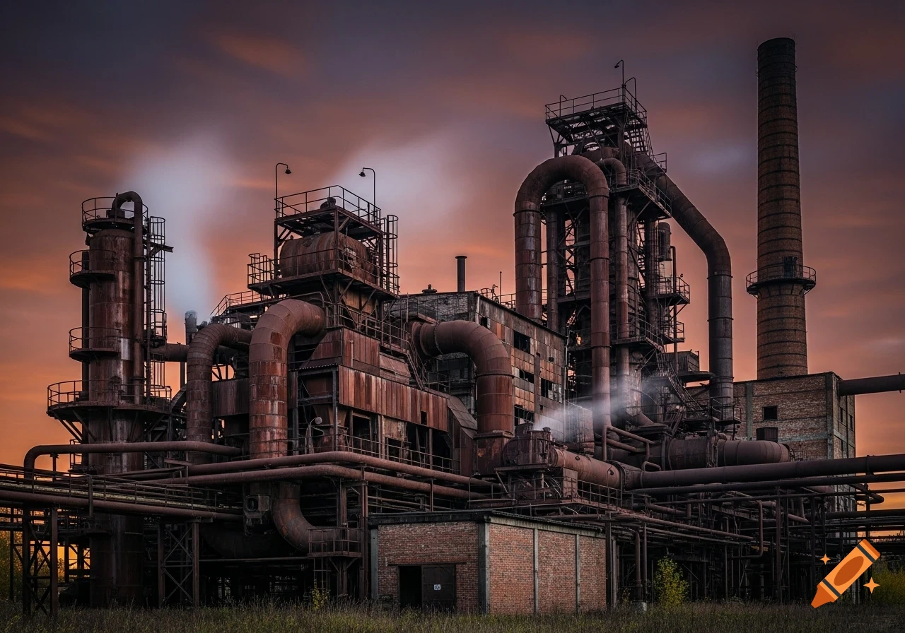 A vast, rusty industrial chemical factory with pipes and a tall chimney, emitting smoke against a dramatic orange and purple sunset sky.