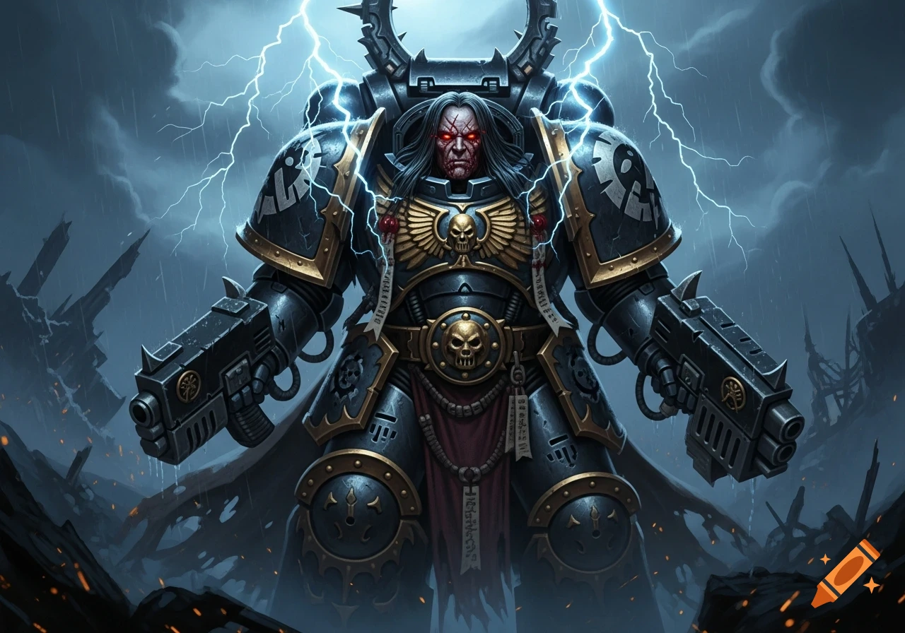 A heavily armored Night Lord Chaos Space Marine with a scarred face and red eyes stands in a storm with lightning.