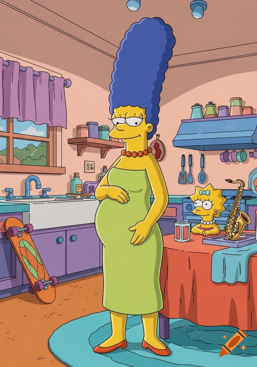 Pregnant Marge Simpson stands in her cartoon kitchen, holding her baby bump, with Lisa nearby.